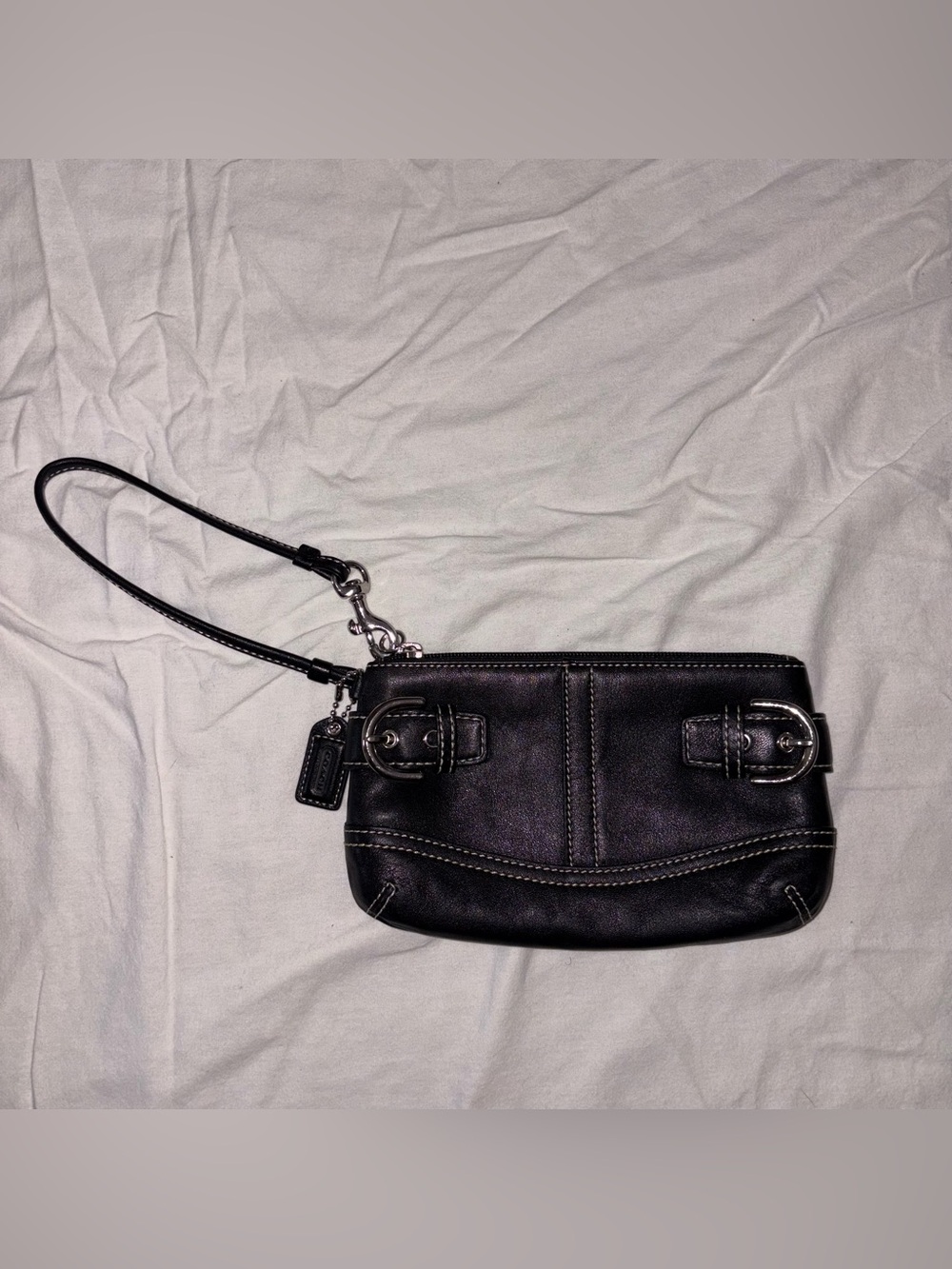 Coach Black Leather Wristlet Crossbody with Buckle Accents